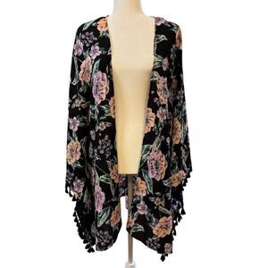 Freshwater Black Floral Kimono Duster Tassel Cover Up Size 2X Boho